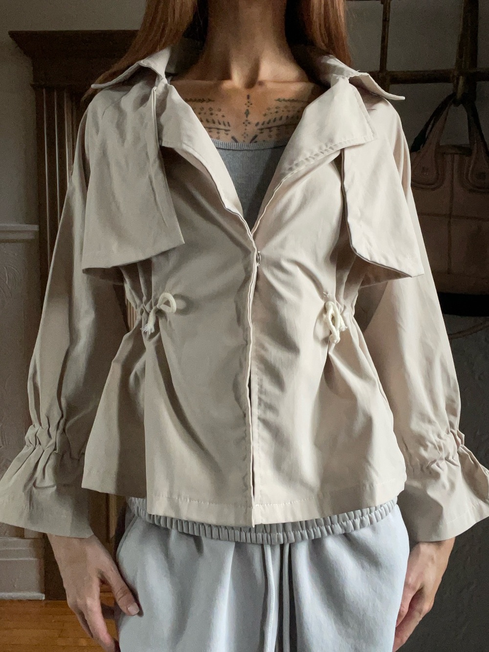 Beige Drawstring Waist Women's light Jacket